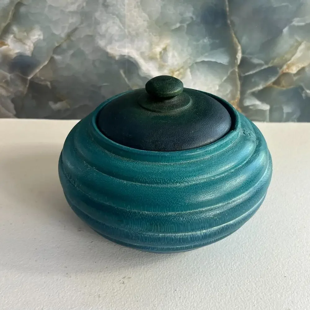 Vintage Lathe Turned Wooden Trinket Box with Lid Ombre Blue Teal